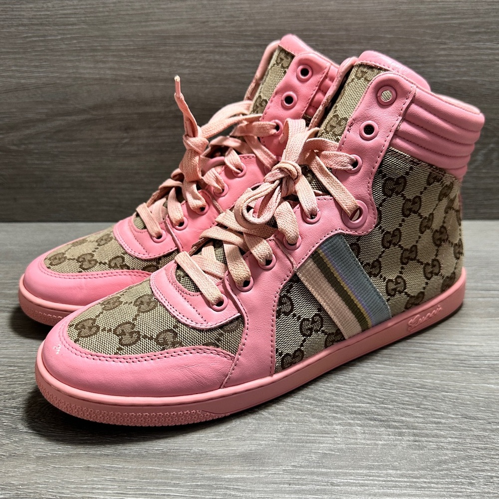 GUCCI Pink Leather Monogram Canvas High Sneakers
